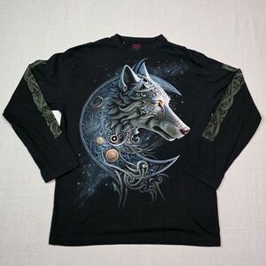 Spiral Direct Celtic Wolf Design Long Sleeve Black Tee Shirt Size Medium